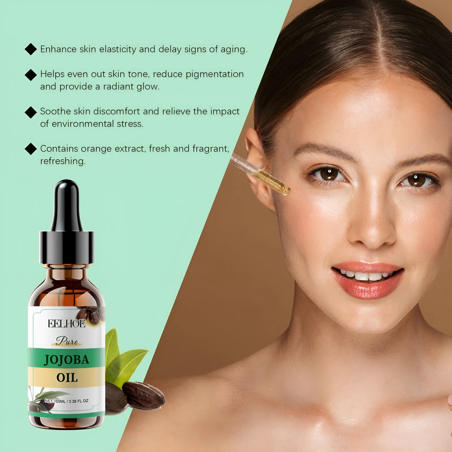 100ml bottle of organic jojoba facial essential oil for skin moisturisation.