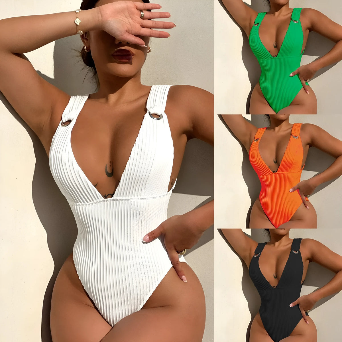 Women's solid colour one-piece swimsuit in black, white, green, or orange