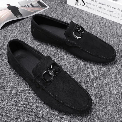 Men's black and grey suede leather casual shoes with rubber sole for summer.