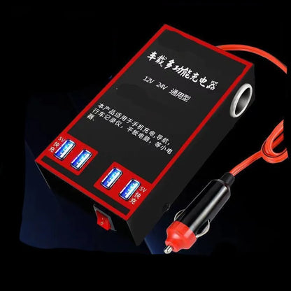 Black automotive power converter with 220v socket and 4 USB charging ports