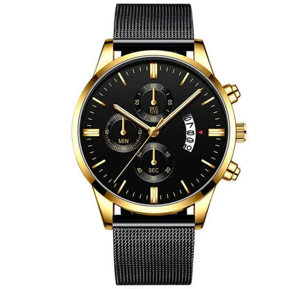 Men's stainless steel mesh band quartz watch with analog dial on a wrist.