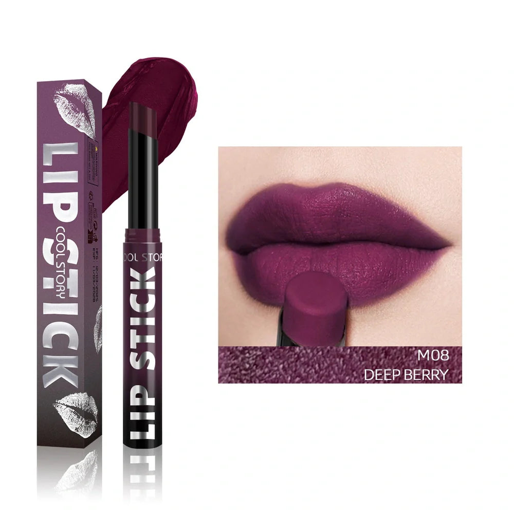 Dual-use lipstick and lip gloss stick showing eight shade options from nude to berry colours