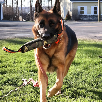 Jute dog training bite stick with reflective yellow edge trim, 55cm length