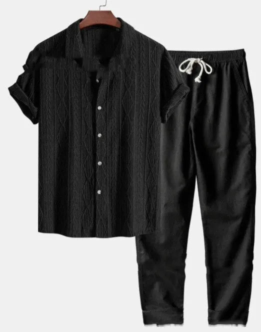 Men's loose short sleeve shirt and trousers summer suit in milk silk polyester fabric