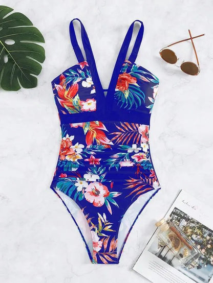 Women's floral pattern backless one-piece swimsuit in spandex-polyester fabric for swimming