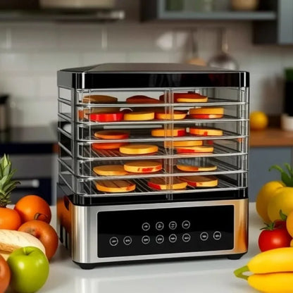 Silver stainless steel fruit dehydrator with temperature dial and 14-litre drying capacity