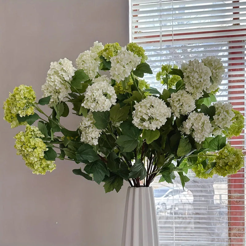Artificial Hydrangea Silk Flower Decoration Long Stem Branch Prop for Wedding Bouquet Photography Centrepieces Home and Outdoor Display in White or Green