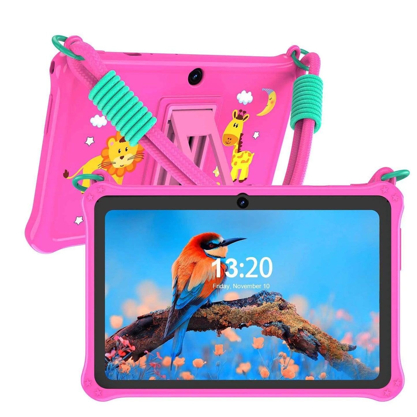 Blue silicone protective case with strap for a 7-inch children's tablet, shown with screen protector and cable.