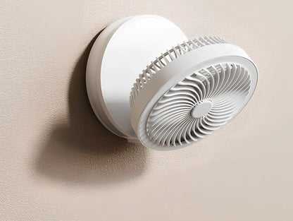 Black 7-inch portable folding desk fan with hook, LED, and temperature display on white background