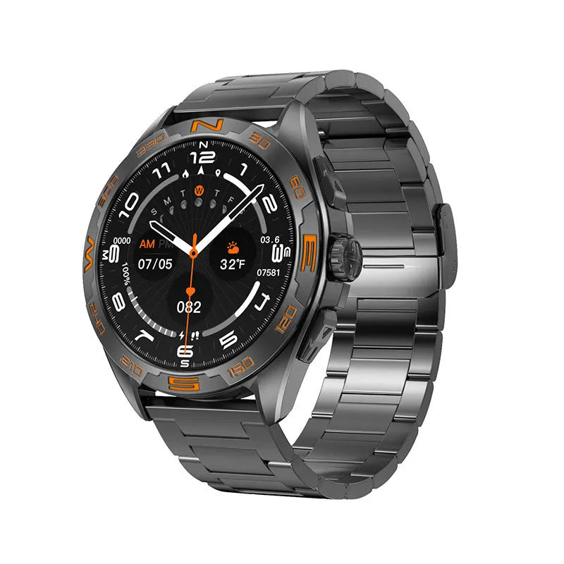 Smart watch with health monitoring display showing blood pressure, heart rate, and oxygen readings