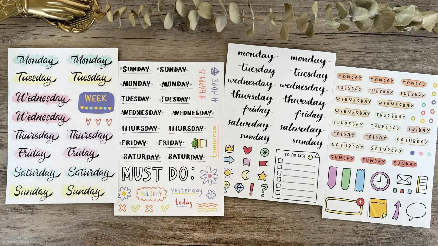 English letters and numbers symbol label stickers set showing alphabet collections and week words for organisation