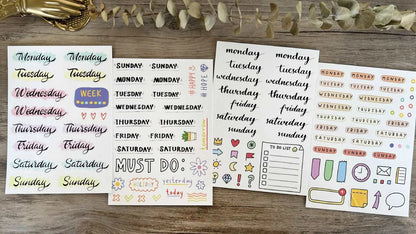 English letters and numbers symbol label stickers set showing alphabet collections and week words for organisation
