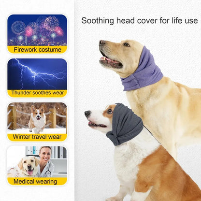 Soft polyester dog head cover for noise reduction and mealtime use in black or purple.
