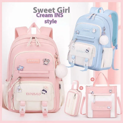 Pink girls school backpack with curved shoulder straps on a wooden floor