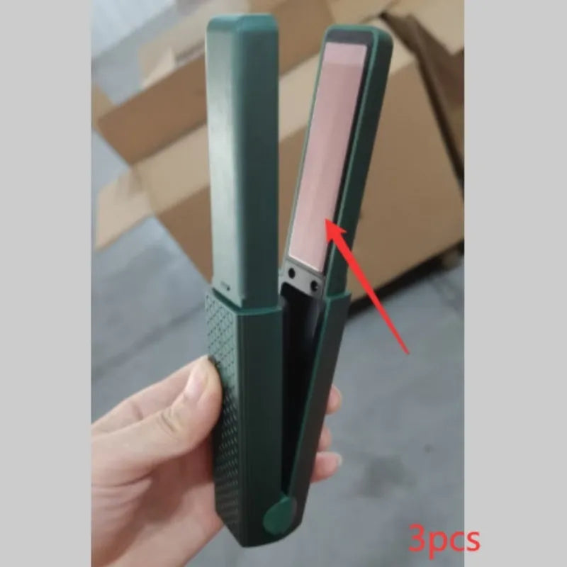 Pink and green cordless mini USB hair straightener and curler with ceramic plates.