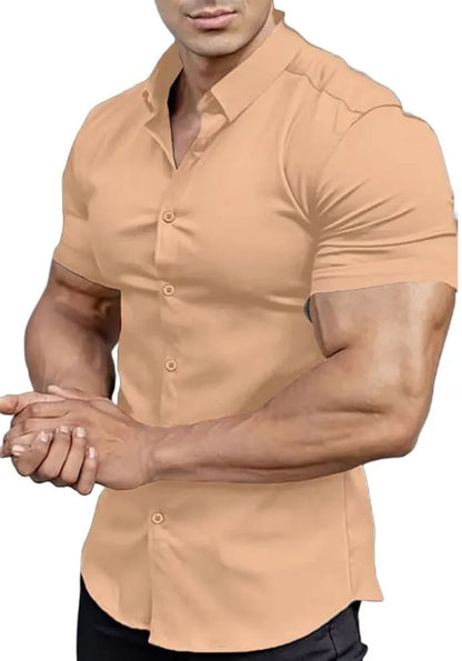 Men's short sleeve printed shirt with collar in brown, available in sizes S to 5XL