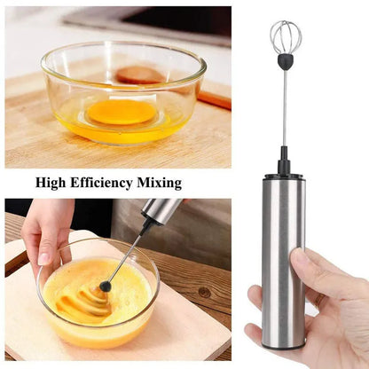 Silver handheld electric milk frother with detachable stainless steel whisk head