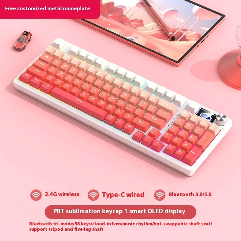 98-key wireless mechanical keyboard kit in black or white with optional LED screen and metal knob