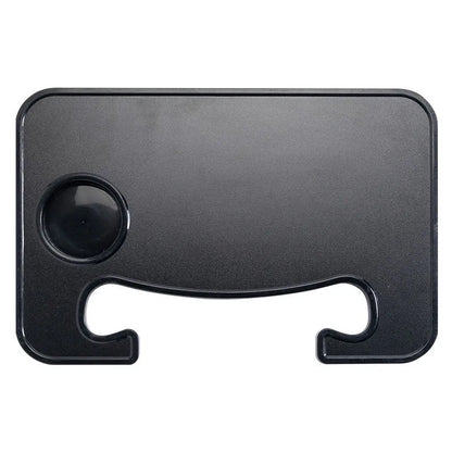 Foldable black car laptop and dining tray with cup holder on a steering wheel