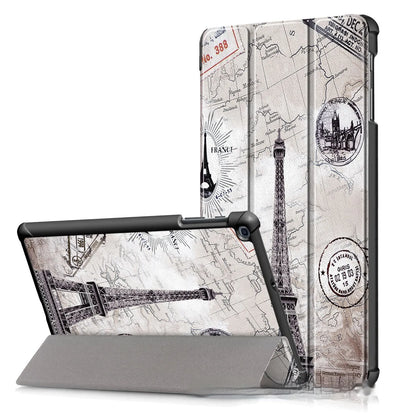 Plastic tri-fold flip cover case for a Samsung tablet showing decorative design options.