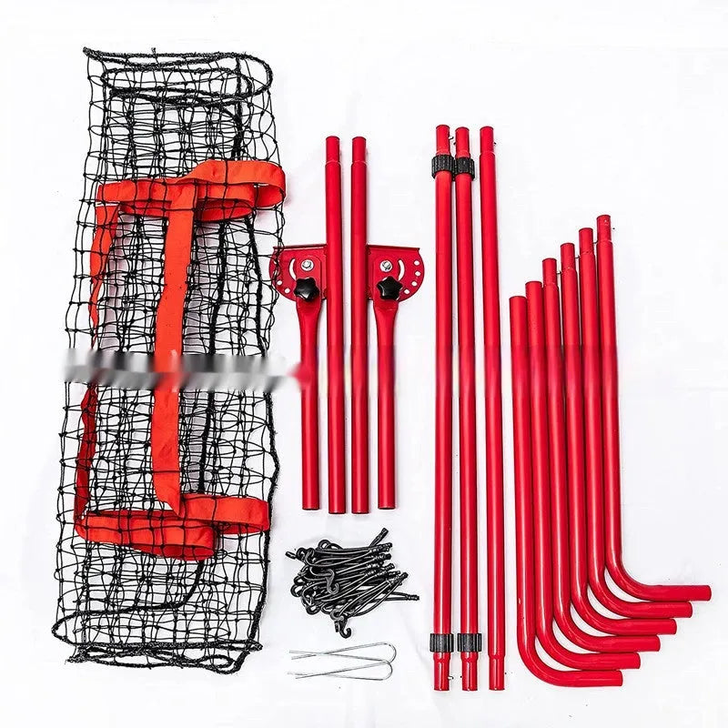 Red adjustable baseball training net with metal frame measuring 4x6 feet for sports practice