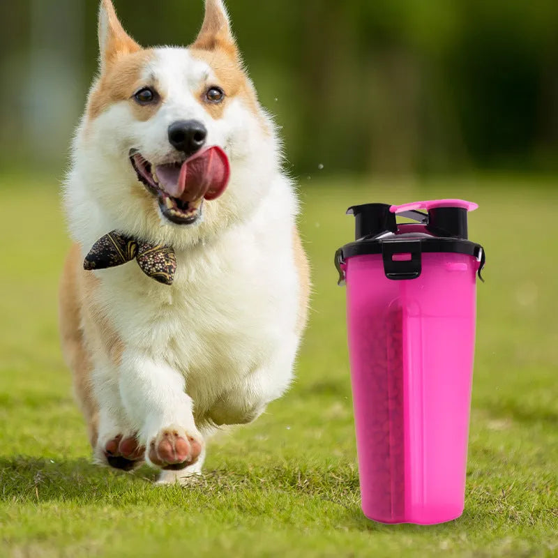 White portable pet water and food cup with separate compartments, shown with blue lid.