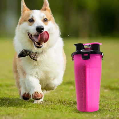 White portable pet water and food cup with separate compartments, shown with blue lid.