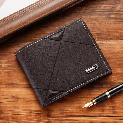 Men's three-fold PU leather wallet with multiple card slots in black, brown and dark coffee colours