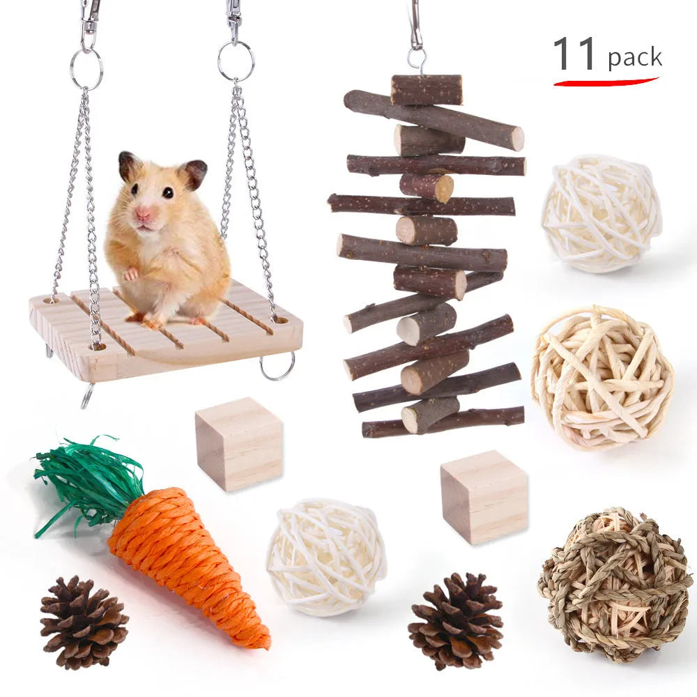 Assorted natural wooden chew toys for small pets including balls, rings, and mats on a plain background.