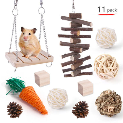 Assorted natural wooden chew toys for small pets including balls, rings, and mats on a plain background.