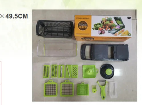 Grey stainless steel manual vegetable cutter with set of eight blades and egg separator attachment