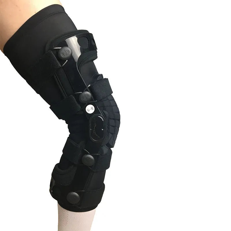 Black anterior ligament knee supporter showing adjustable straps and anatomical shape for left or right leg.