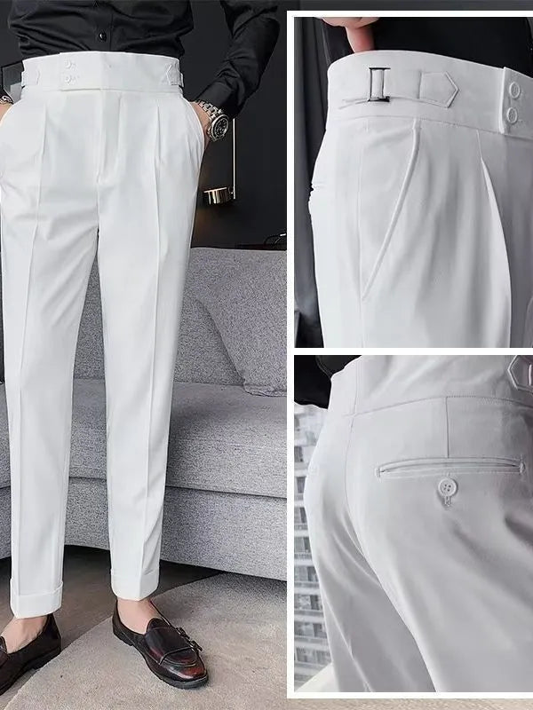 Retro high waist straight leg casual trousers in cotton blend fabric, shown in black, brown, grey or white.