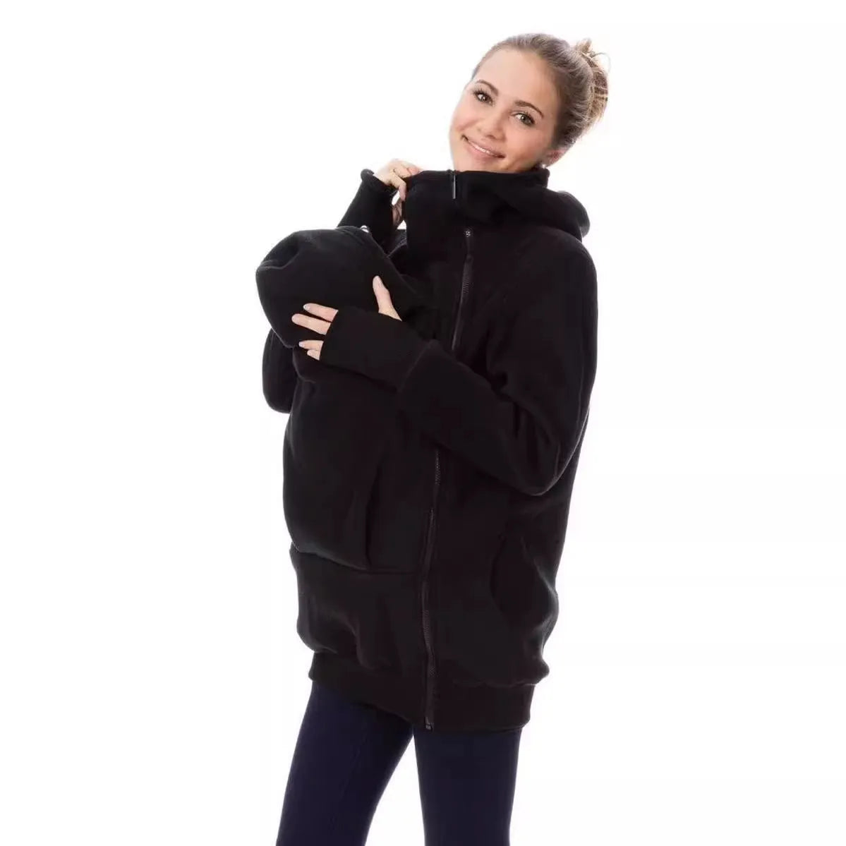 Red loose fit women's polar fleece sweater with long sleeves on a hanger