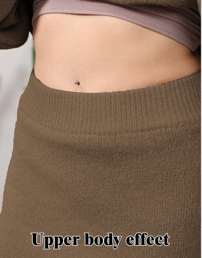 Women's home clothing set in brown camel, soil grey, and light grey