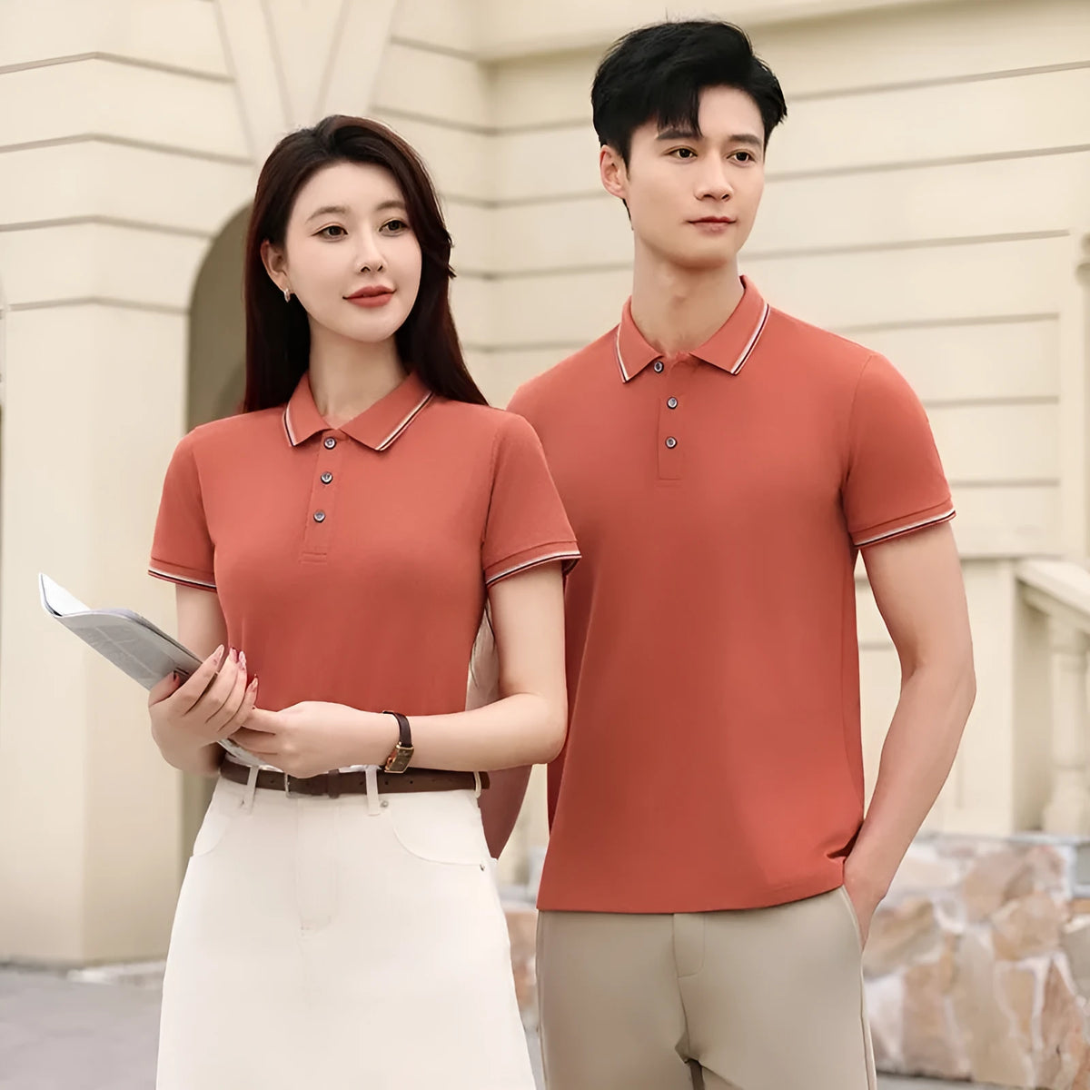 Solid colour Ice Silk polo shirt for work and casual wear in various colours on a hanger.