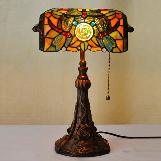 10-inch Tiffany table lamp with stained glass resin base, 25cm wide and 36cm high, on a desk