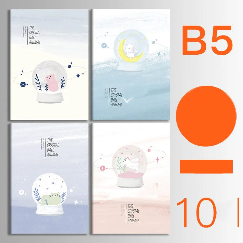 Pack of ten A5 kraft paper thread-bound notebooks with artistic cover designs lying flat.