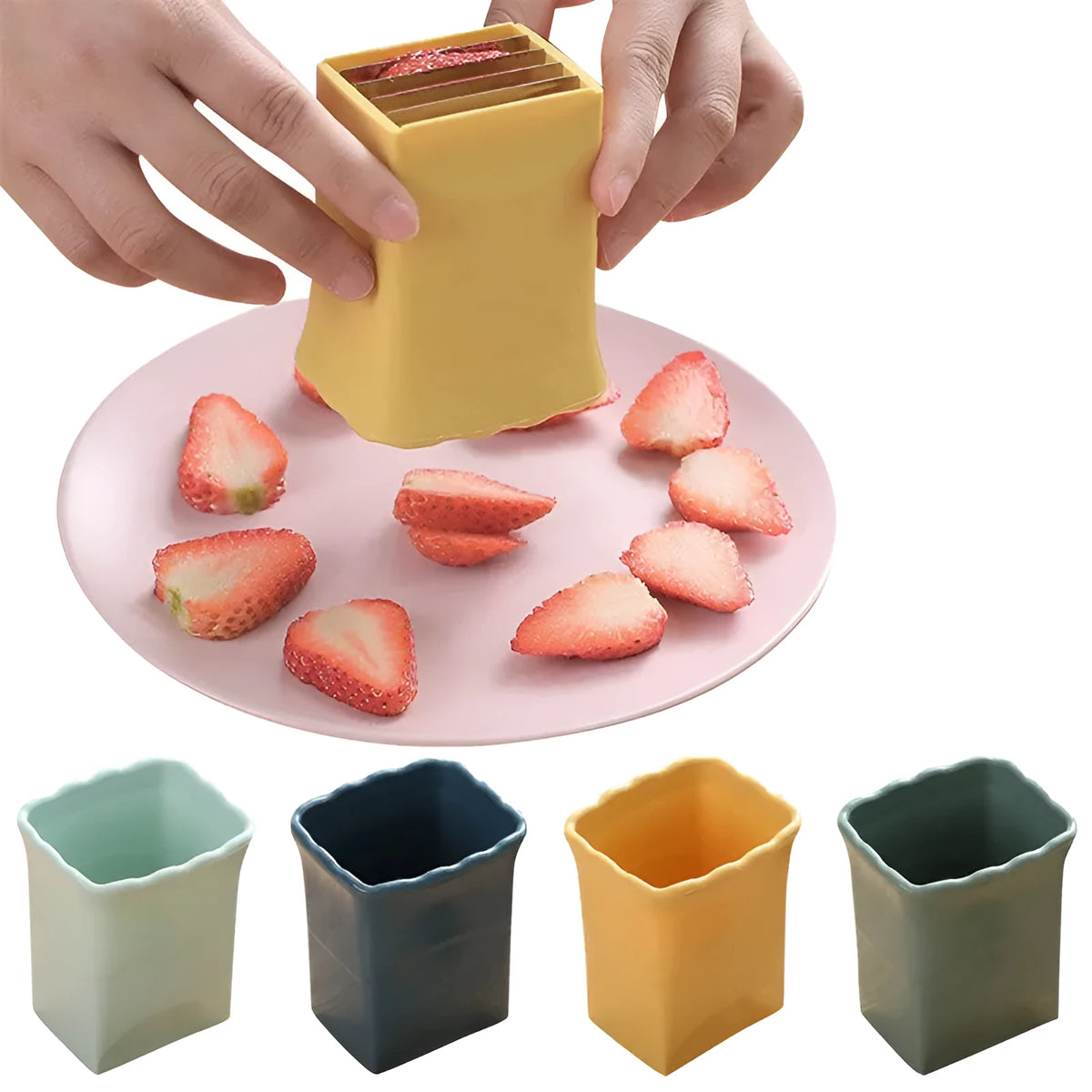 Green stainless steel cup-shaped kitchen slicer for cutting fruits and eggs on a countertop.