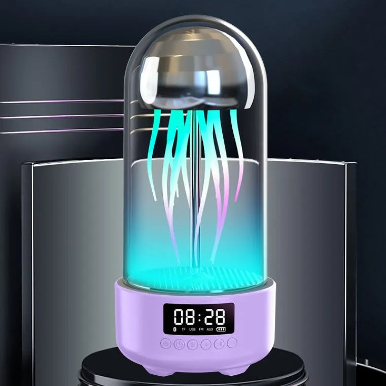 Colourful jellyfish-themed Bluetooth speaker with LED clock display showing time and battery level