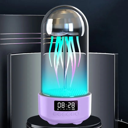Colourful jellyfish-themed Bluetooth speaker with LED clock display showing time and battery level