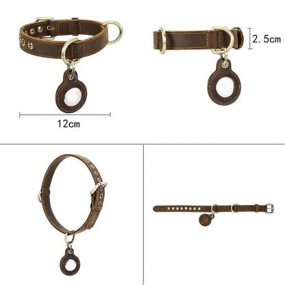 Brown retro-style cowhide dog collar with halter positioning system and lanyard detail