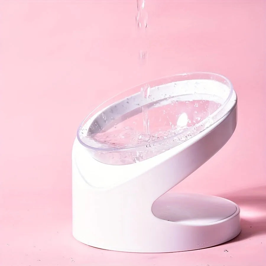 White elevated cat food bowl with tilt angle and neck support ridge