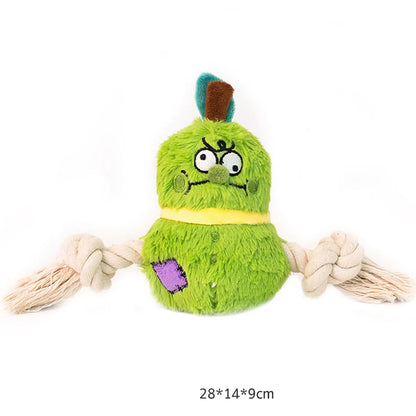 Green and purple plush dog toy with a central rope knot for tugging and chewing.
