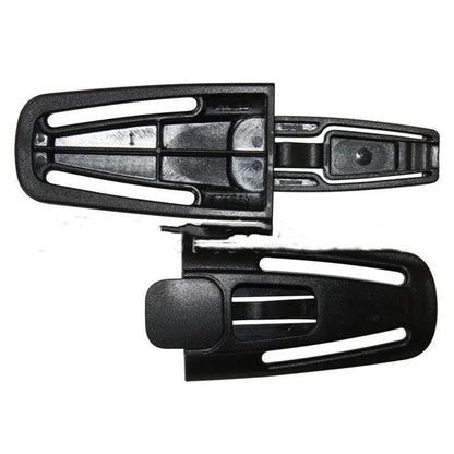 Black nylon chest buckle clip for a child car seat harness with a visible lock button.