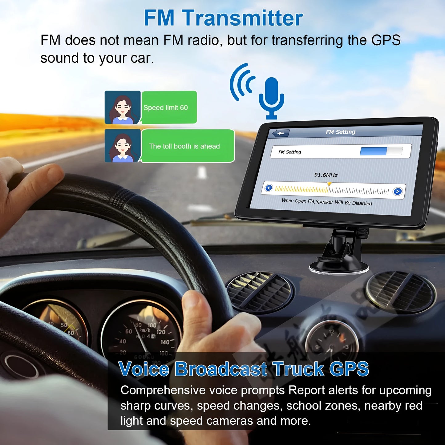 Black portable 7 inch car GPS navigation device with bracket and car charger on a dashboard.