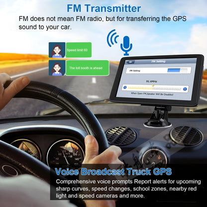 Black portable 7 inch car GPS navigation device with bracket and car charger on a dashboard.