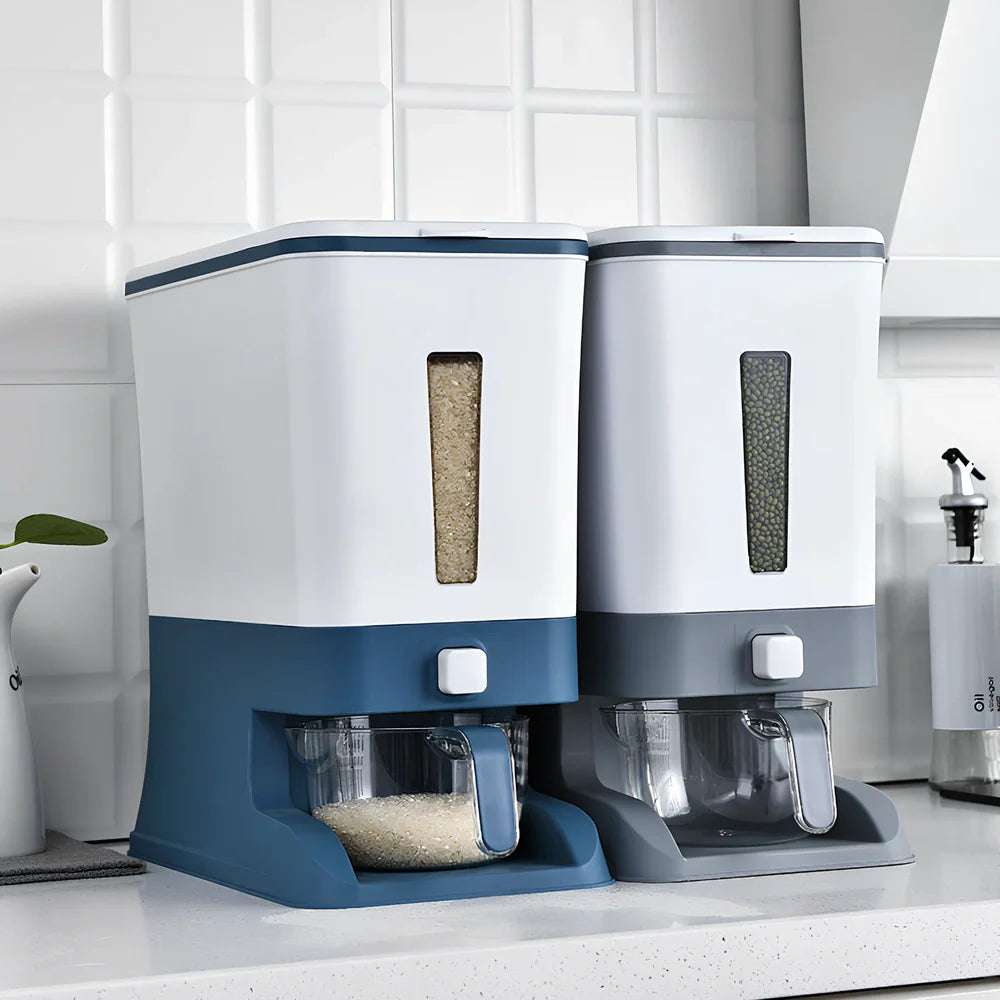 Automatic kitchen rice bucket with push-button portion control and transparent viewing window