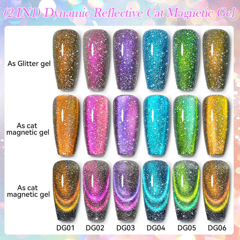 Diamond debris glitter cat eye nail polish gel in six fluorescent colours with nail glue