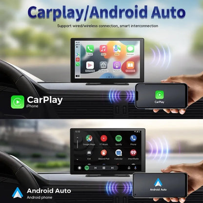 9-inch CarPlay driving recorder with touch screen display showing navigation and dual lens recording system